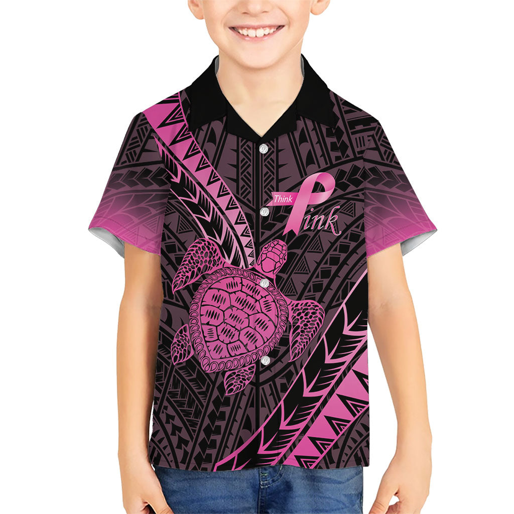 Breast Cancer Awareness Personalised Family Matching Mermaid Dress and Hawaiian Shirt Pink Ribbon Turtle Polynesian Pattern Black LT22 Son's Shirt Pink - Polynesian Pride