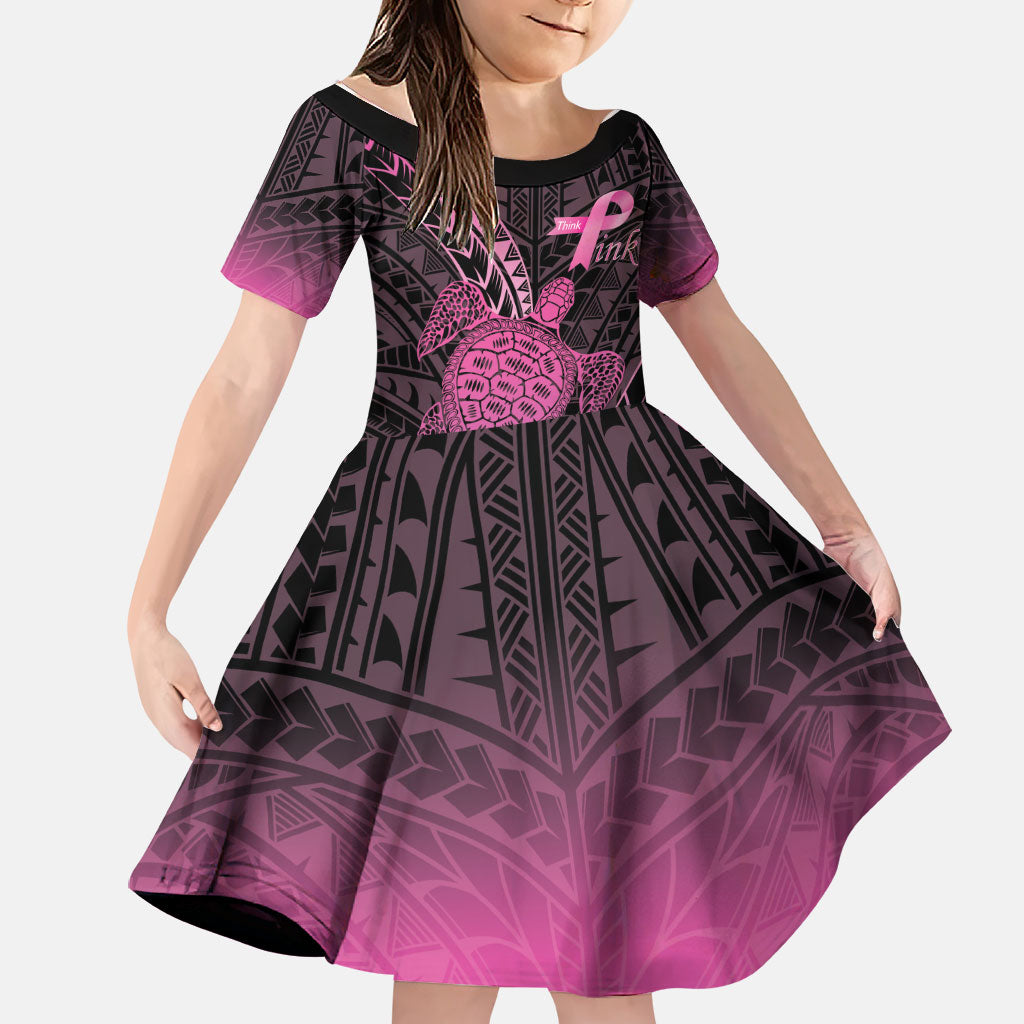 Breast Cancer Awareness Personalised Family Matching Off Shoulder Maxi Dress and Hawaiian Shirt Pink Ribbon Turtle Polynesian Pattern Black LT22 Daughter's Dress Pink - Polynesian Pride