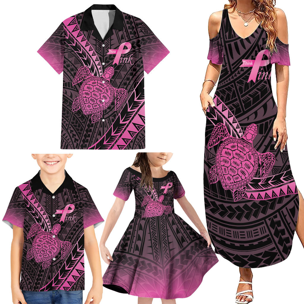 Breast Cancer Awareness Personalised Family Matching Summer Maxi Dress and Hawaiian Shirt Pink Ribbon Turtle Polynesian Pattern Black