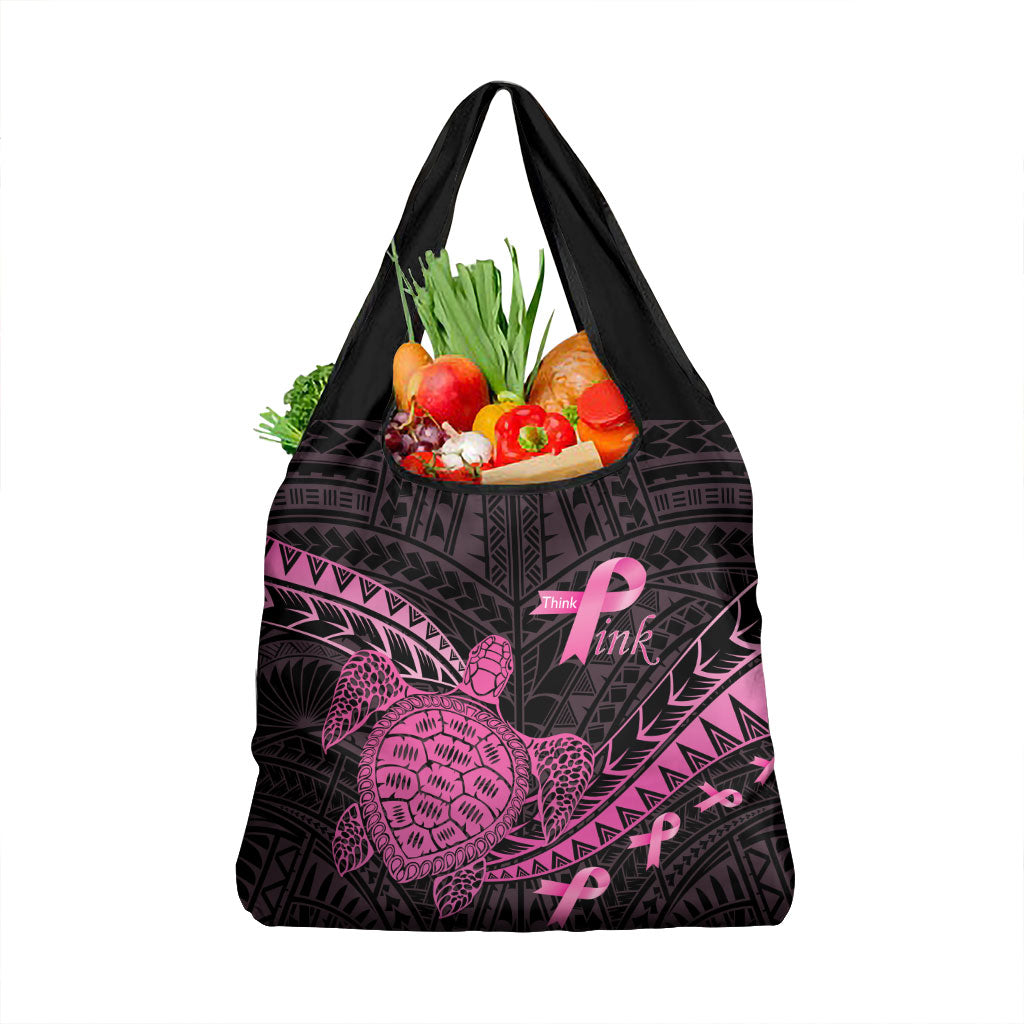 Breast Cancer Awareness Grocery Bag Pink Ribbon Turtle Polynesian Pattern Black