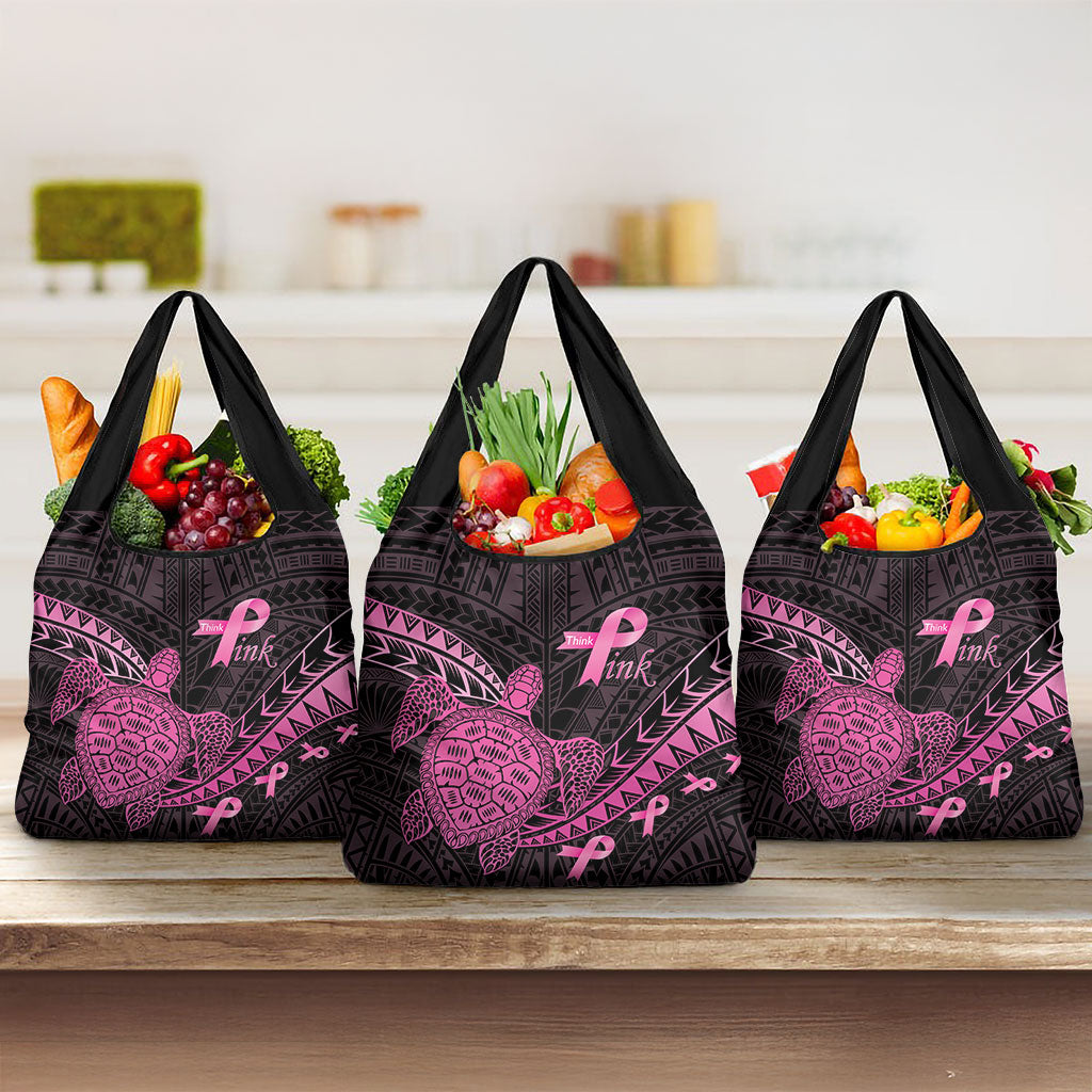 Breast Cancer Awareness Grocery Bag Pink Ribbon Turtle Polynesian Pattern Black
