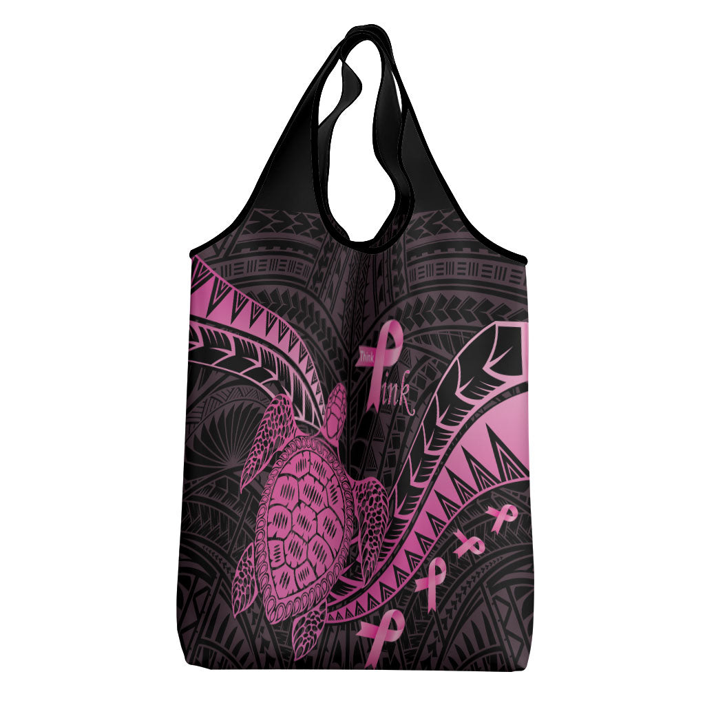 Breast Cancer Awareness Grocery Bag Pink Ribbon Turtle Polynesian Pattern Black