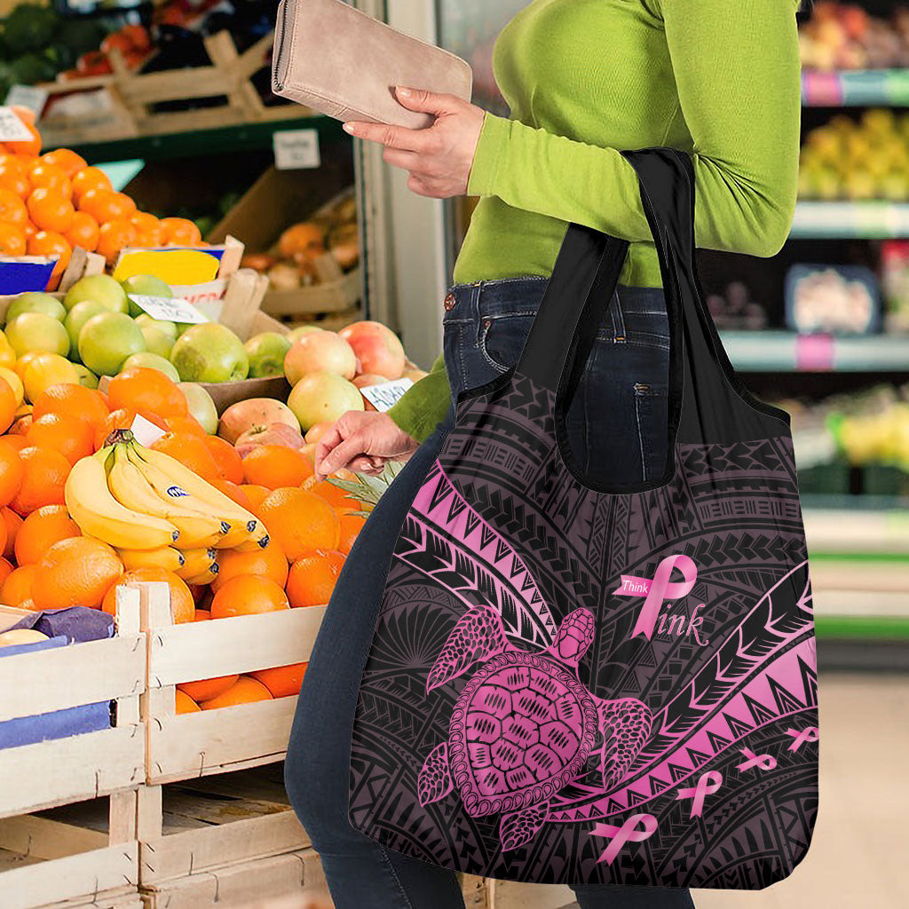 Breast Cancer Awareness Grocery Bag Pink Ribbon Turtle Polynesian Pattern Black