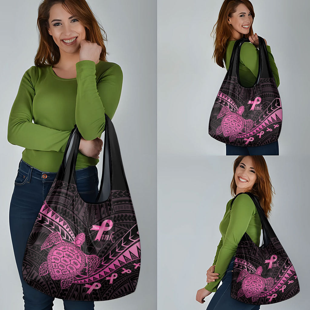 Breast Cancer Awareness Grocery Bag Pink Ribbon Turtle Polynesian Pattern Black