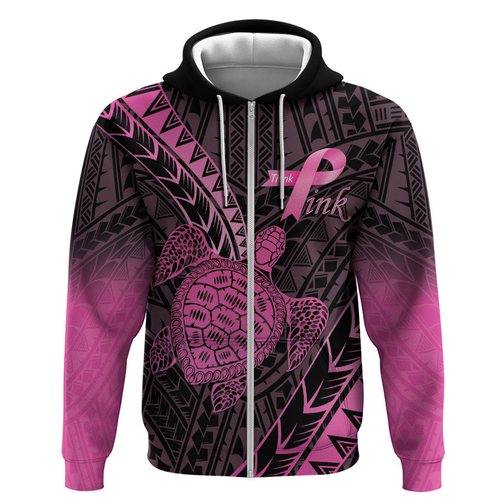 Breast Cancer Awareness Personalised Hoodie Pink Ribbon Turtle Polynesian Pattern Black LT22 Zip Hoodie Pink - Polynesian Pride