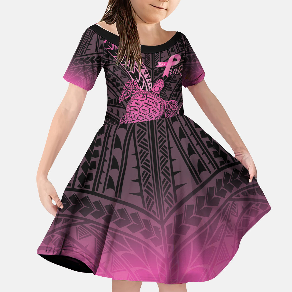 Breast Cancer Awareness Personalised Kid Short Sleeve Dress Pink Ribbon Turtle Polynesian Pattern Black