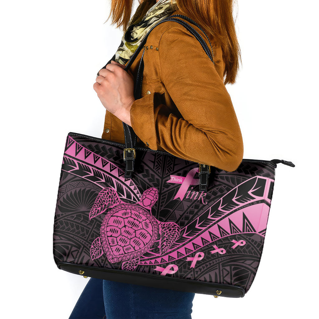 Breast Cancer Awareness Leather Tote Bag Pink Ribbon Turtle Polynesian Pattern Black LT22 Pink - Polynesian Pride