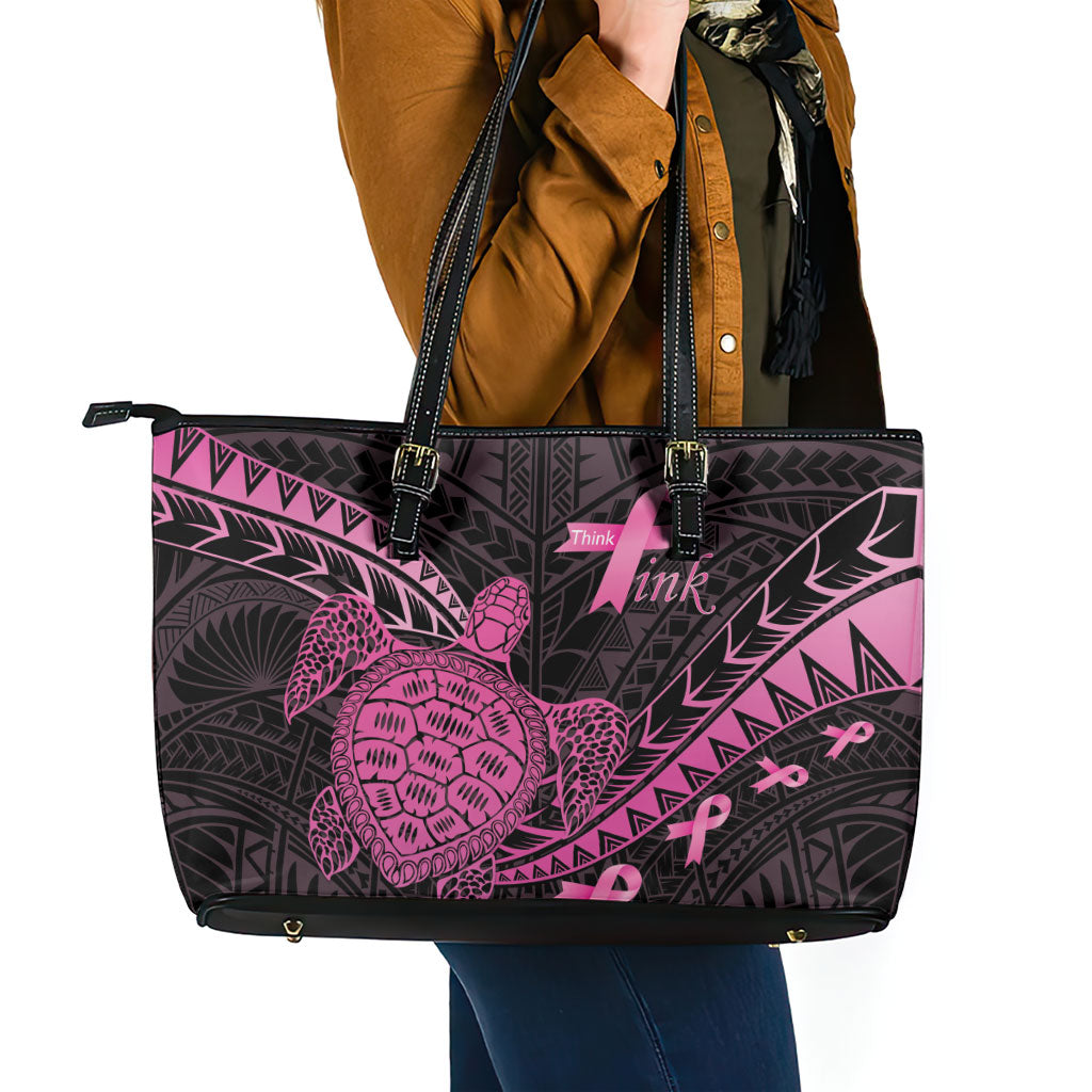 Breast Cancer Awareness Leather Tote Bag Pink Ribbon Turtle Polynesian Pattern Black LT22 - Polynesian Pride