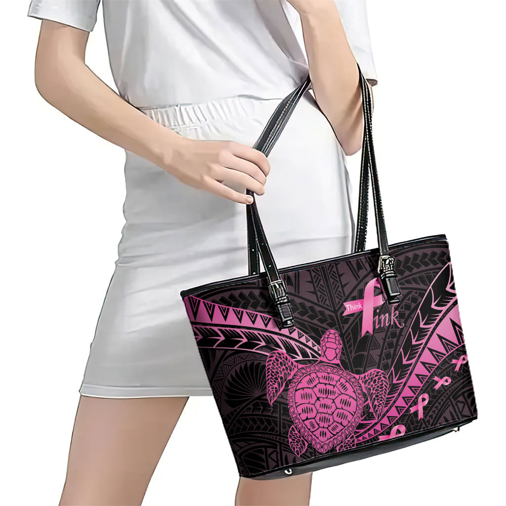 Breast Cancer Awareness Leather Tote Bag Pink Ribbon Turtle Polynesian Pattern Black LT22 - Polynesian Pride