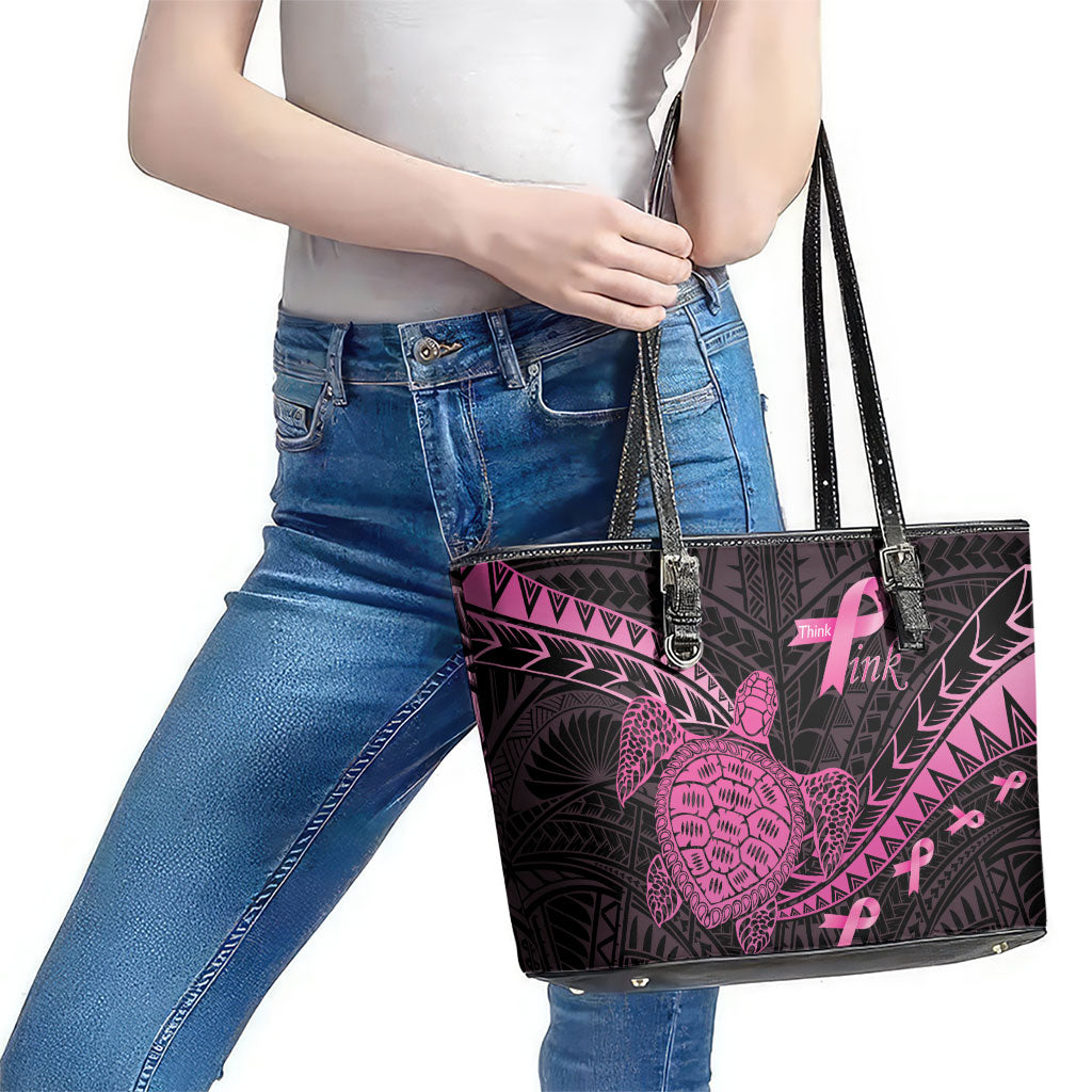 Breast Cancer Awareness Leather Tote Bag Pink Ribbon Turtle Polynesian Pattern Black LT22 - Polynesian Pride