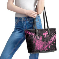 Breast Cancer Awareness Leather Tote Bag Pink Ribbon Turtle Polynesian Pattern Black LT22 - Polynesian Pride