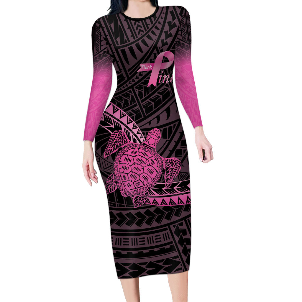 Breast Cancer Awareness Personalised Long Sleeve Bodycon Dress Pink Ribbon Turtle Polynesian Pattern Black