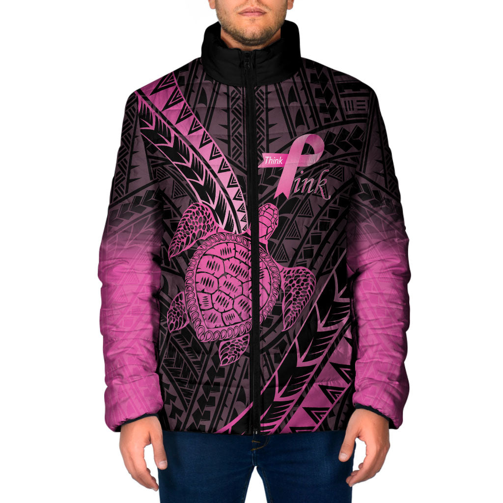 Breast Cancer Awareness Personalised Padded Jacket Pink Ribbon Turtle Polynesian Pattern Black