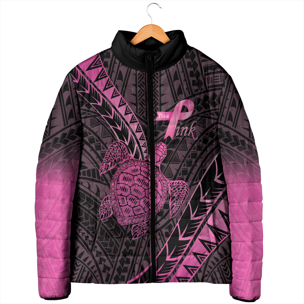 Breast Cancer Awareness Personalised Padded Jacket Pink Ribbon Turtle Polynesian Pattern Black