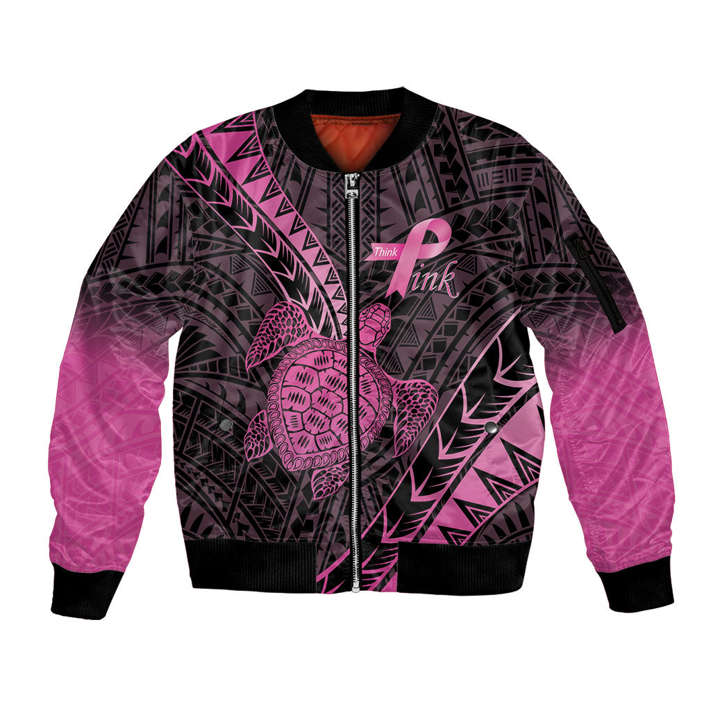Breast Cancer Awareness Personalised Sleeve Zip Bomber Jacket Pink Ribbon Turtle Polynesian Pattern Black