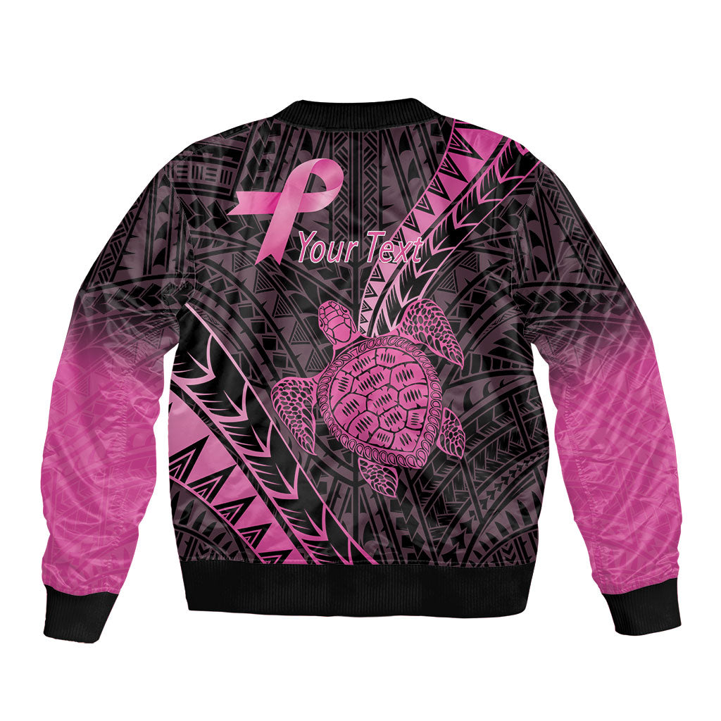 Breast Cancer Awareness Personalised Sleeve Zip Bomber Jacket Pink Ribbon Turtle Polynesian Pattern Black