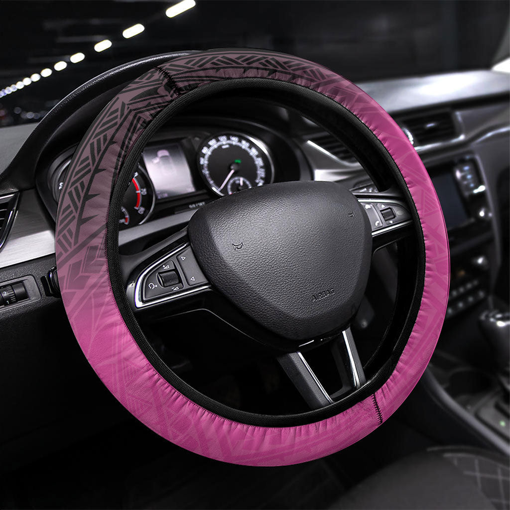 Breast Cancer Awareness Steering Wheel Cover Pink Ribbon Turtle Polynesian Pattern Black