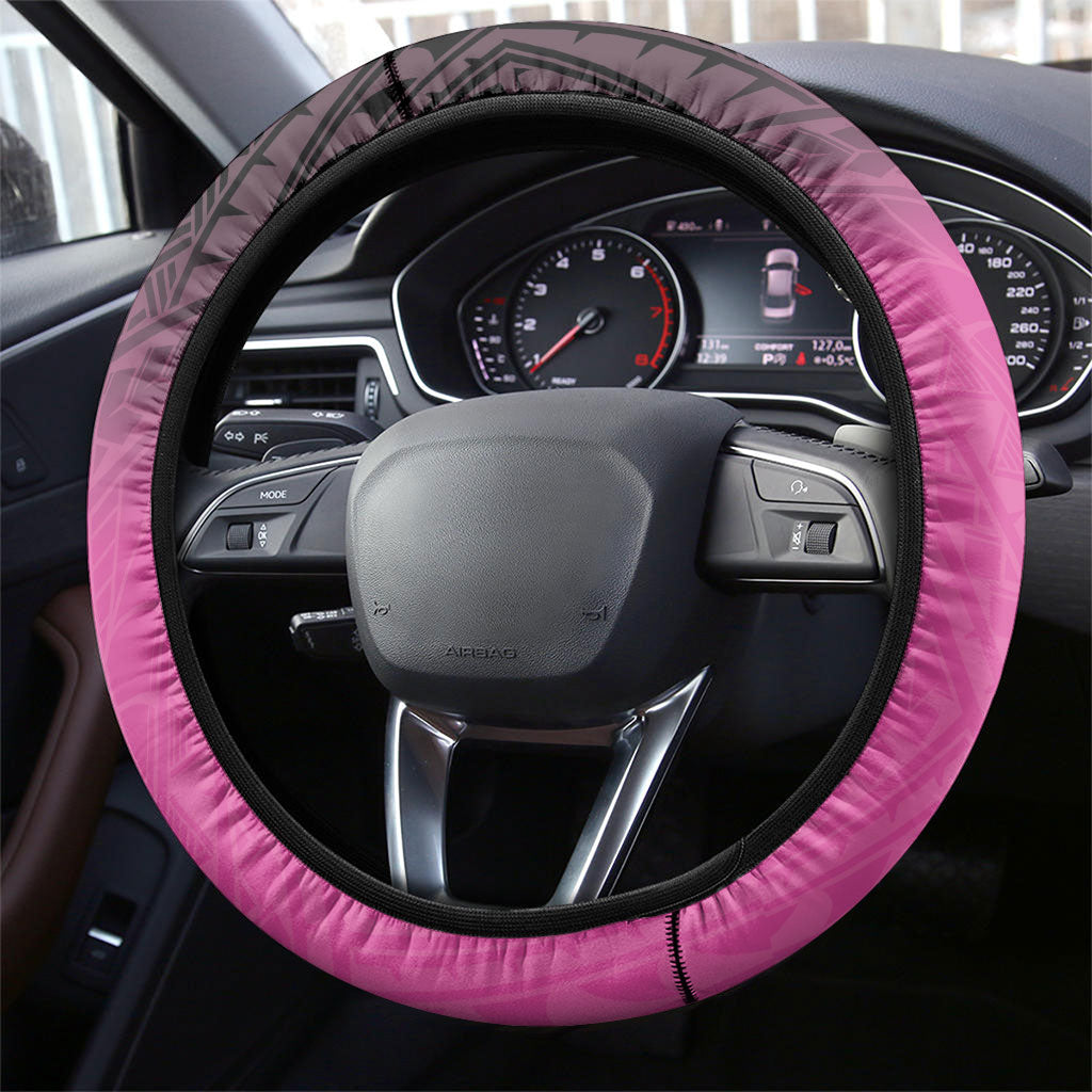 Breast Cancer Awareness Steering Wheel Cover Pink Ribbon Turtle Polynesian Pattern Black