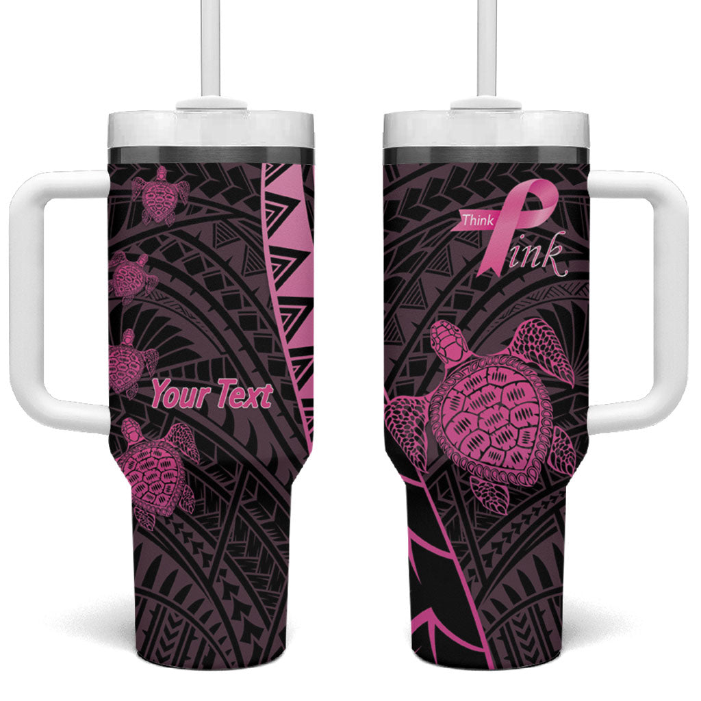 Breast Cancer Awareness Personalised Tumbler With Handle Pink Ribbon Turtle Polynesian Pattern Black