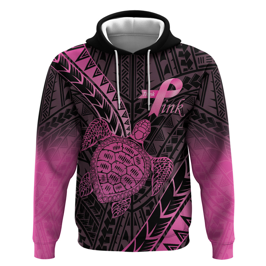 Breast Cancer Awareness Personalised Zip Hoodie Pink Ribbon Turtle Polynesian Pattern Black LT22 Pullover Hoodie Pink - Polynesian Pride
