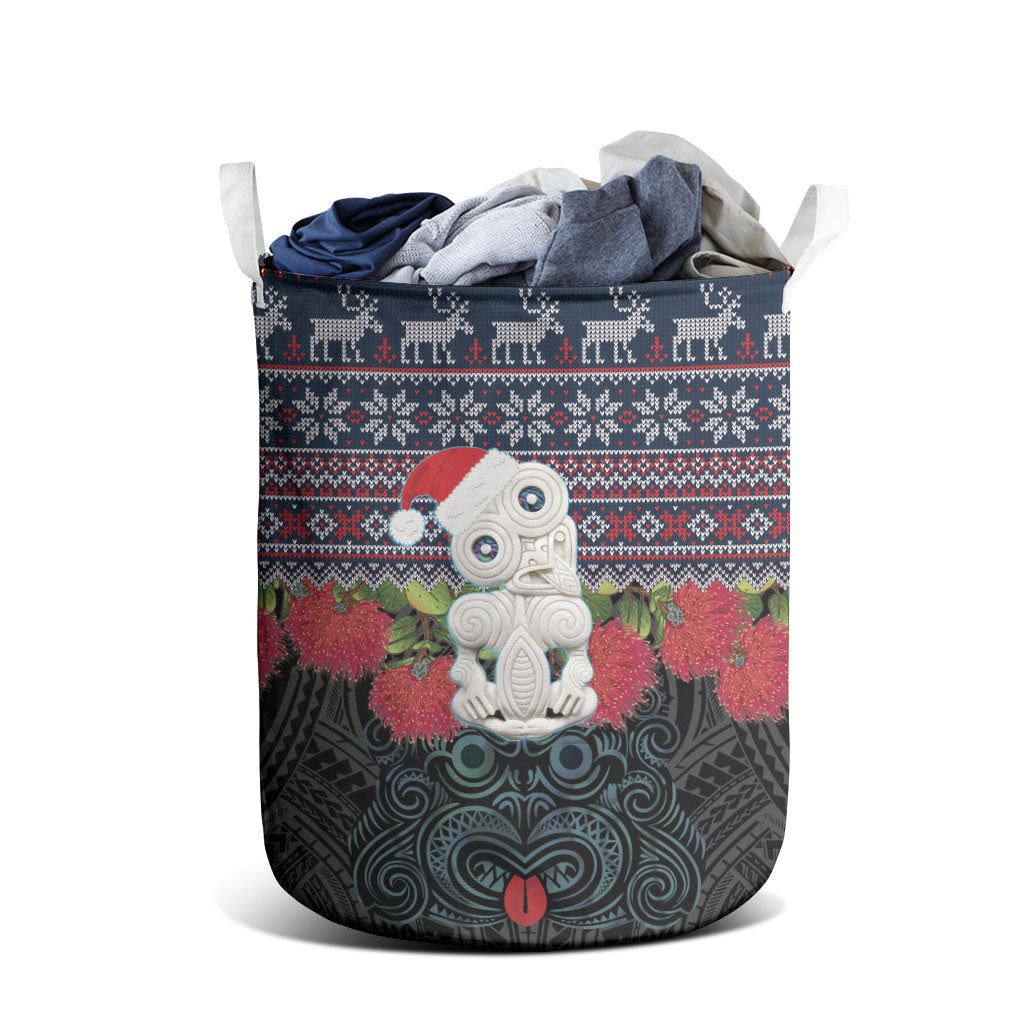 New Zealand Hei Tiki Christmas In July Laundry Basket Pohutukawa Santa Xmas Polynesian Pattern