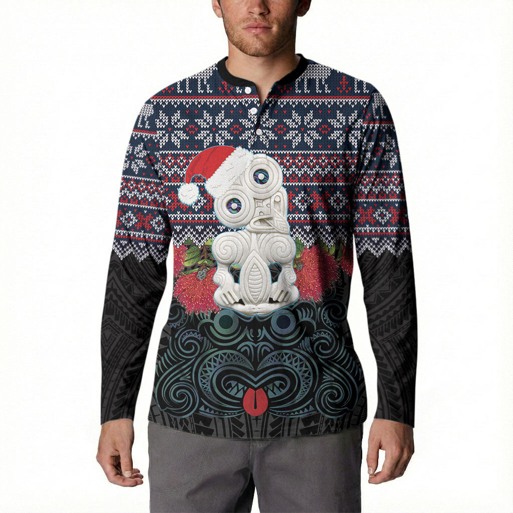 New Zealand Hei Tiki Christmas In July Button Sweatshirt Pohutukawa Santa Xmas Polynesian Pattern