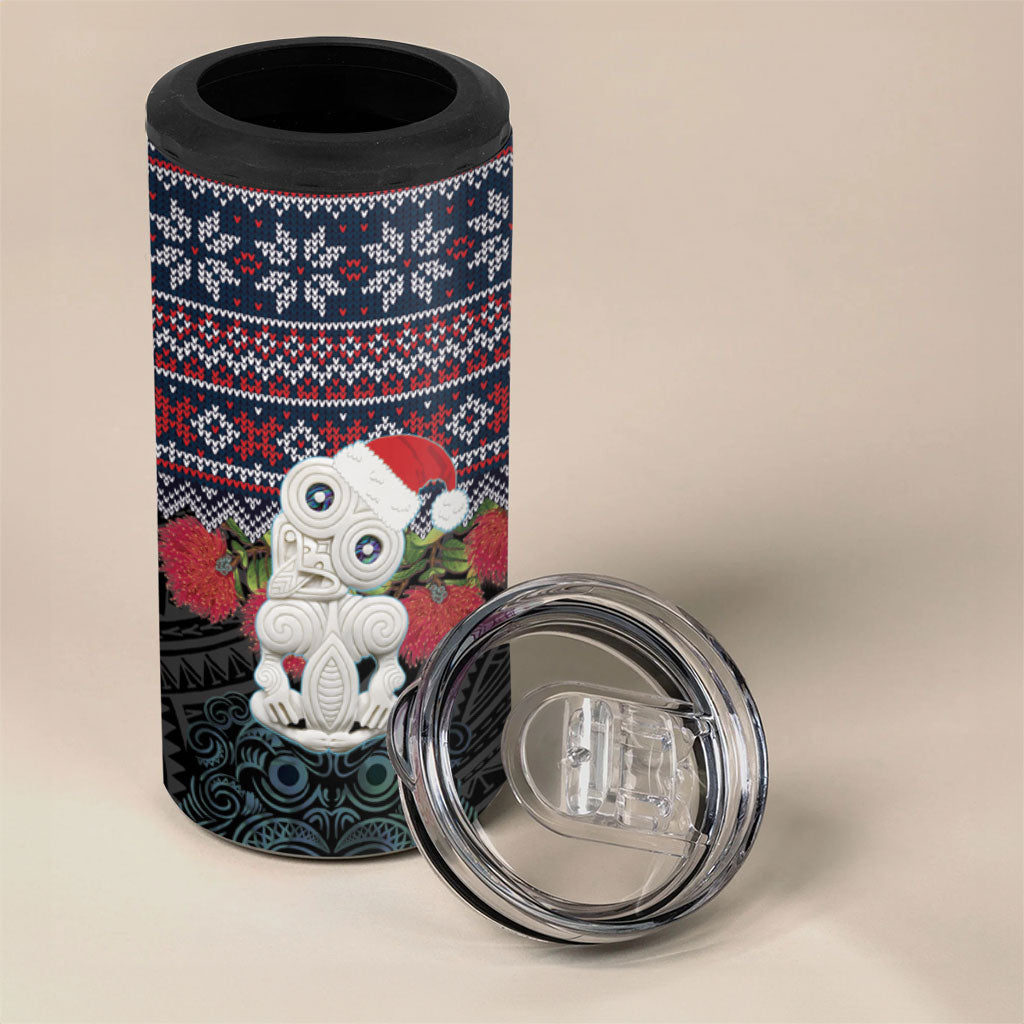 New Zealand Hei Tiki Christmas In July 4 in 1 Can Cooler Tumbler Pohutukawa Santa Xmas Polynesian Pattern