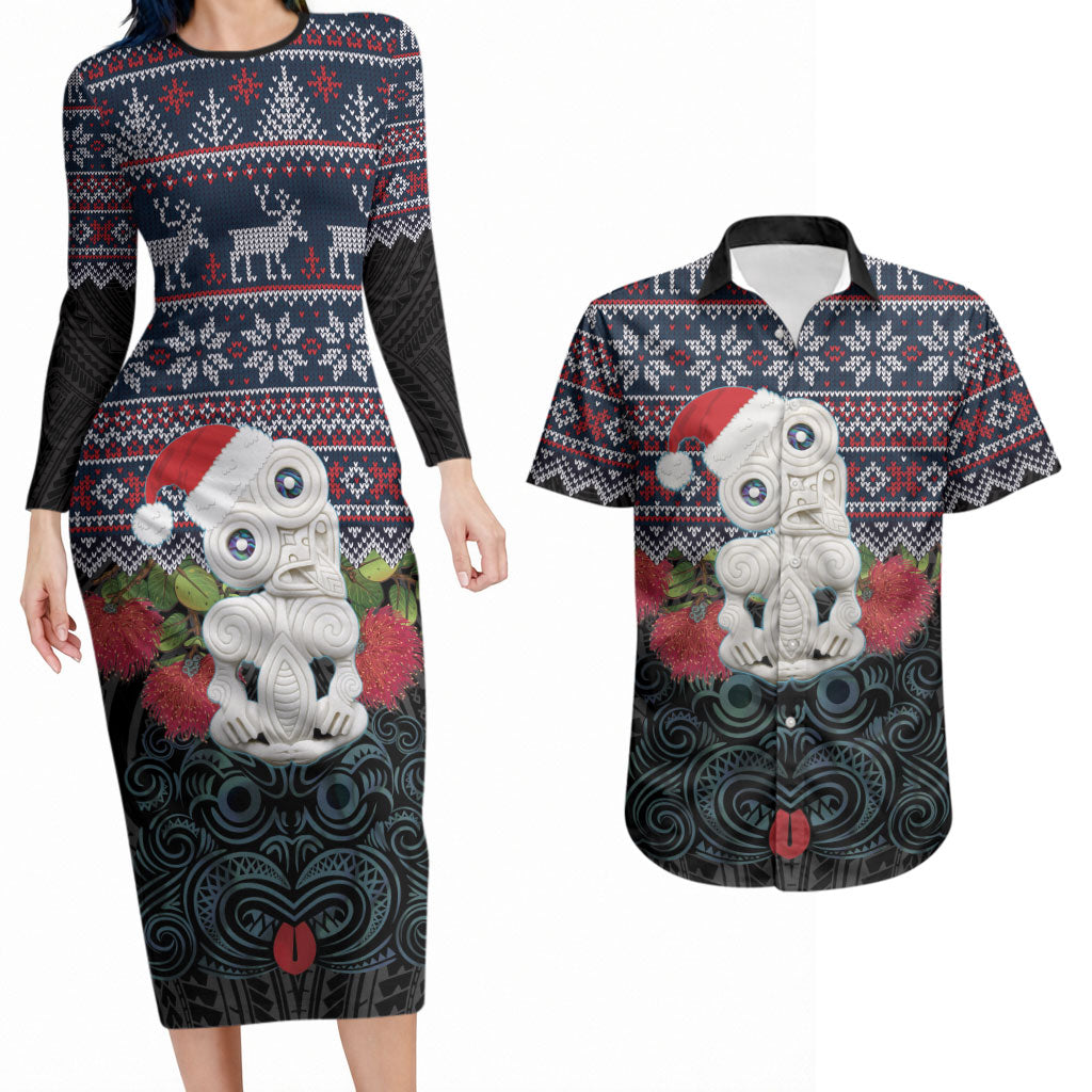 New Zealand Hei Tiki Christmas In July Couples Matching Long Sleeve Bodycon Dress and Hawaiian Shirt Pohutukawa Santa Xmas Polynesian Pattern LT22 Black - Polynesian Pride
