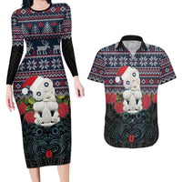 New Zealand Hei Tiki Christmas In July Couples Matching Long Sleeve Bodycon Dress and Hawaiian Shirt Pohutukawa Santa Xmas Polynesian Pattern