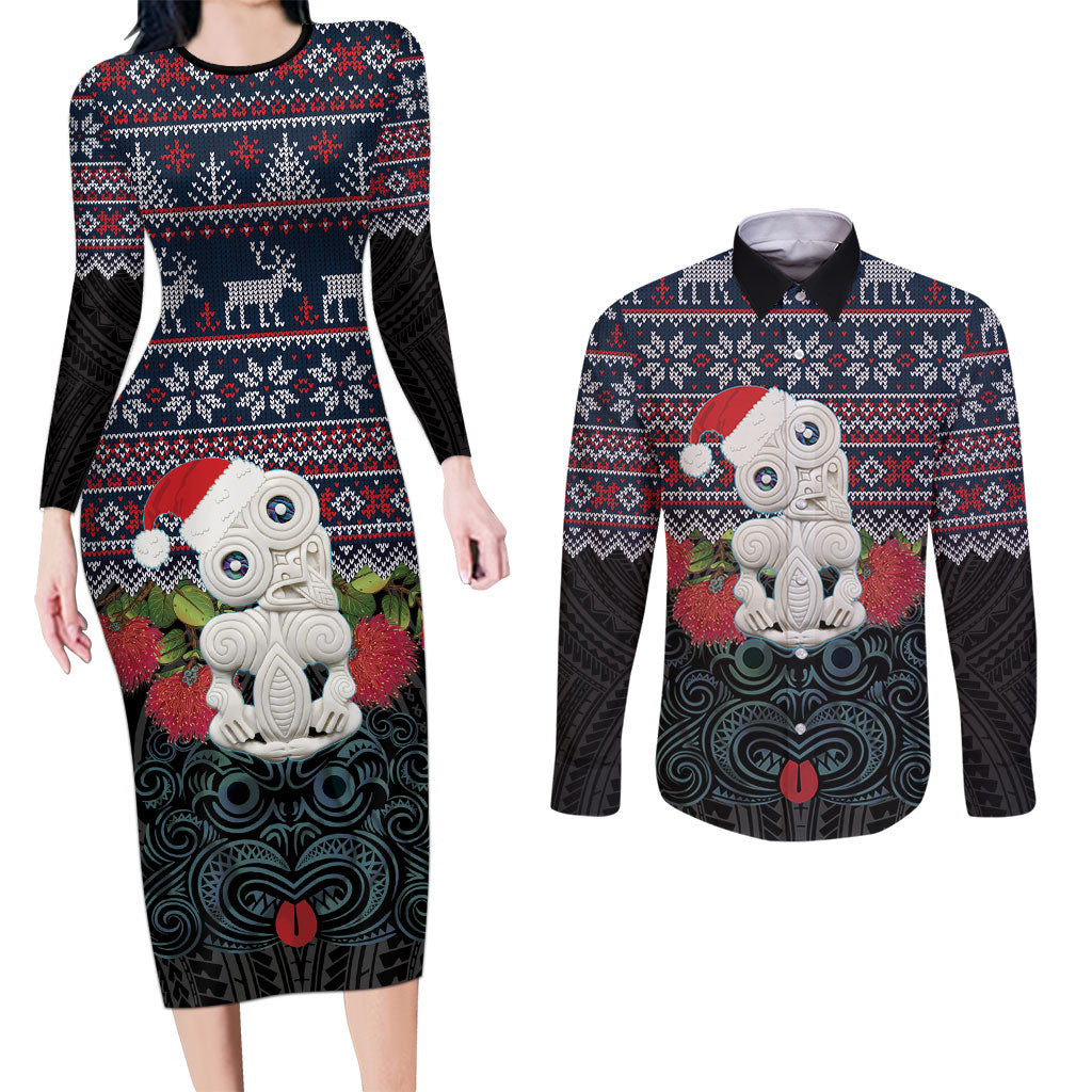 New Zealand Hei Tiki Christmas In July Couples Matching Long Sleeve Bodycon Dress and Long Sleeve Button Shirt Pohutukawa Santa Xmas Polynesian Pattern