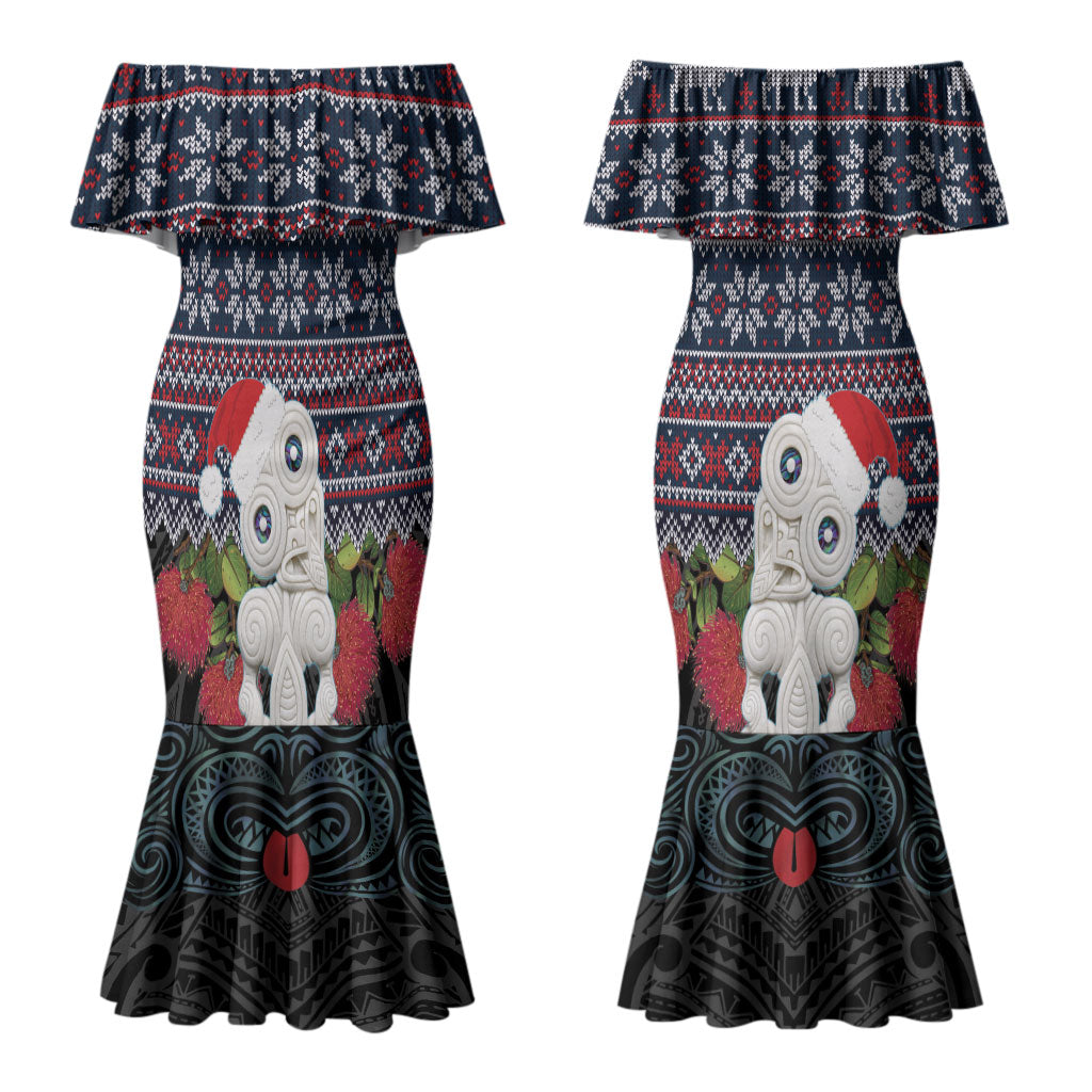 New Zealand Hei Tiki Christmas In July Couples Matching Mermaid Dress and Long Sleeve Button Shirt Pohutukawa Santa Xmas Polynesian Pattern LT22 - Polynesian Pride
