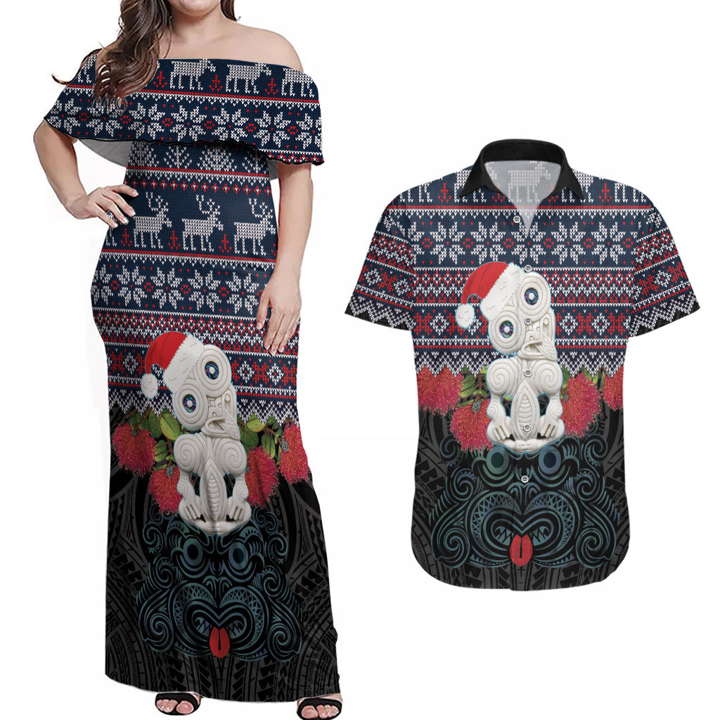 New Zealand Hei Tiki Christmas In July Couples Matching Off Shoulder Maxi Dress and Hawaiian Shirt Pohutukawa Santa Xmas Polynesian Pattern