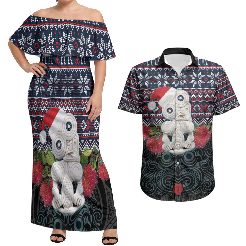 New Zealand Hei Tiki Christmas In July Couples Matching Off Shoulder Maxi Dress and Hawaiian Shirt Pohutukawa Santa Xmas Polynesian Pattern LT22 Black - Polynesian Pride