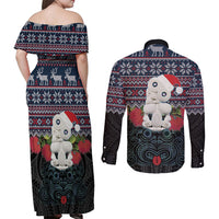 New Zealand Hei Tiki Christmas In July Couples Matching Off Shoulder Maxi Dress and Long Sleeve Button Shirt Pohutukawa Santa Xmas Polynesian Pattern
