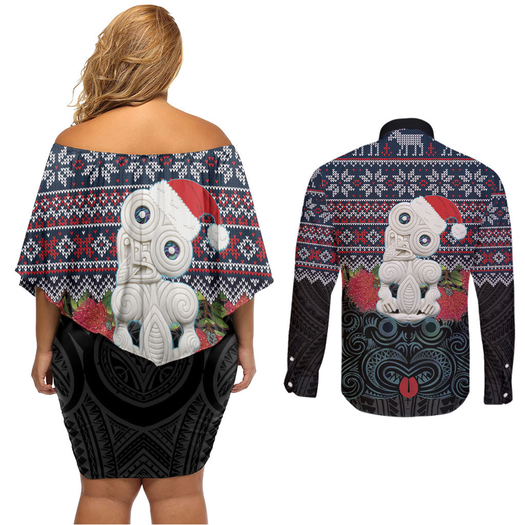 New Zealand Hei Tiki Christmas In July Couples Matching Off Shoulder Short Dress and Long Sleeve Button Shirt Pohutukawa Santa Xmas Polynesian Pattern