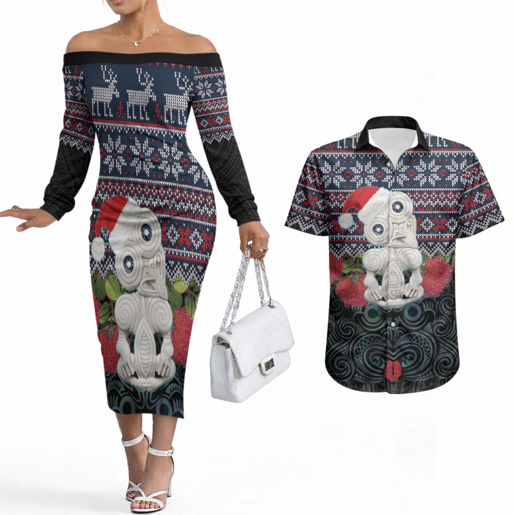 New Zealand Hei Tiki Christmas In July Couples Matching Off The Shoulder Long Sleeve Dress and Hawaiian Shirt Pohutukawa Santa Xmas Polynesian Pattern LT22 Black - Polynesian Pride