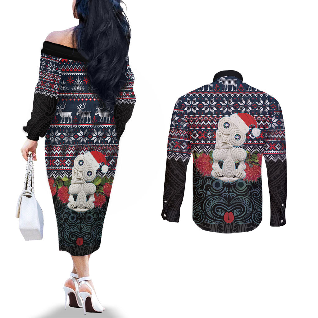 New Zealand Hei Tiki Christmas In July Couples Matching Off The Shoulder Long Sleeve Dress and Long Sleeve Button Shirt Pohutukawa Santa Xmas Polynesian Pattern