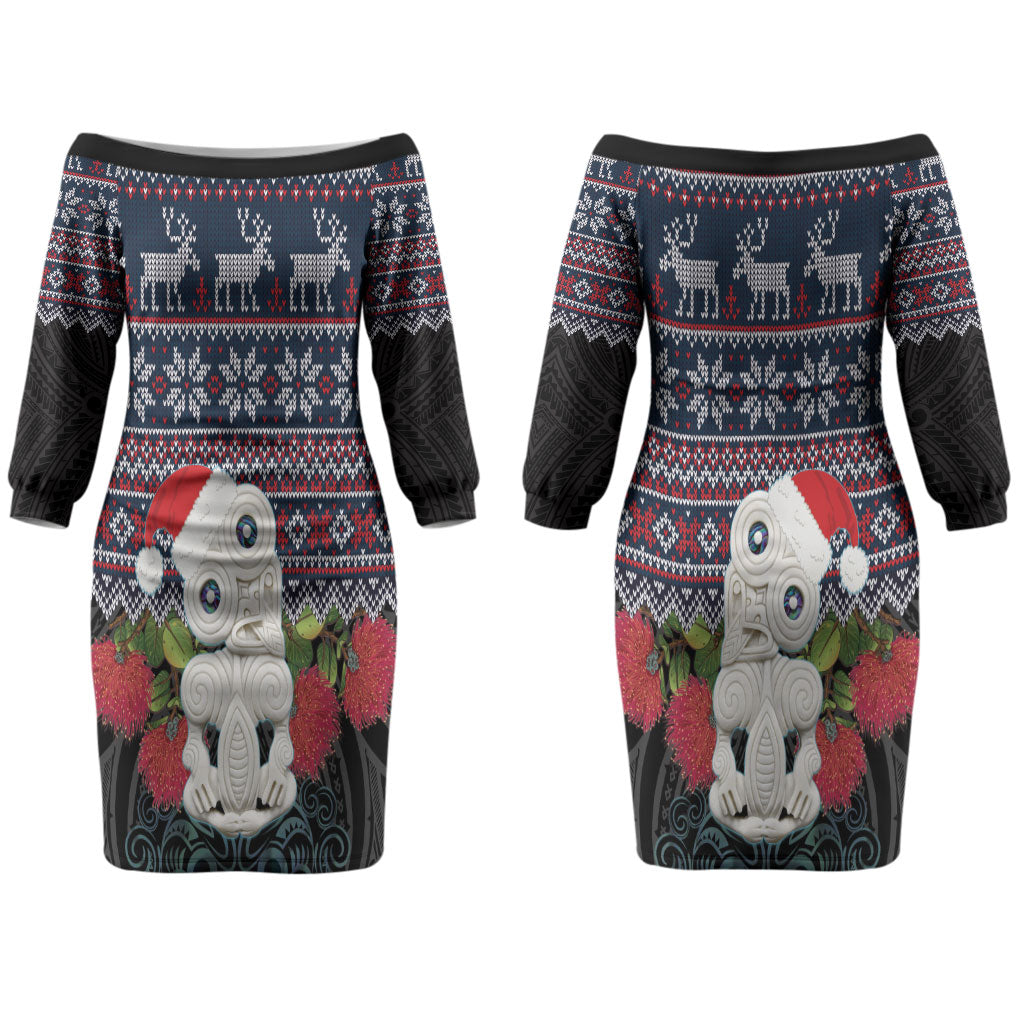 New Zealand Hei Tiki Christmas In July Couples Matching Off The Shoulder Long Sleeve Dress and Long Sleeve Button Shirt Pohutukawa Santa Xmas Polynesian Pattern LT22 - Polynesian Pride