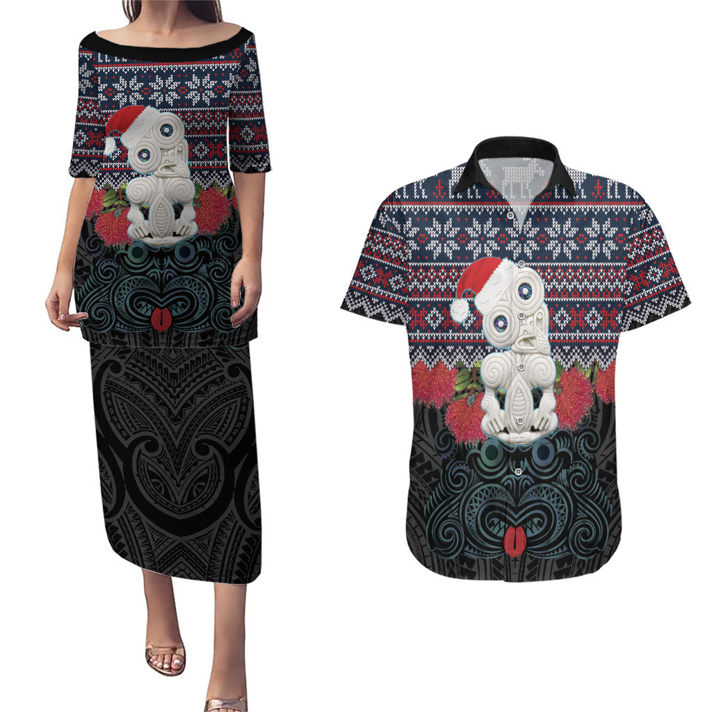 New Zealand Hei Tiki Christmas In July Couples Matching Puletasi and Hawaiian Shirt Pohutukawa Santa Xmas Polynesian Pattern
