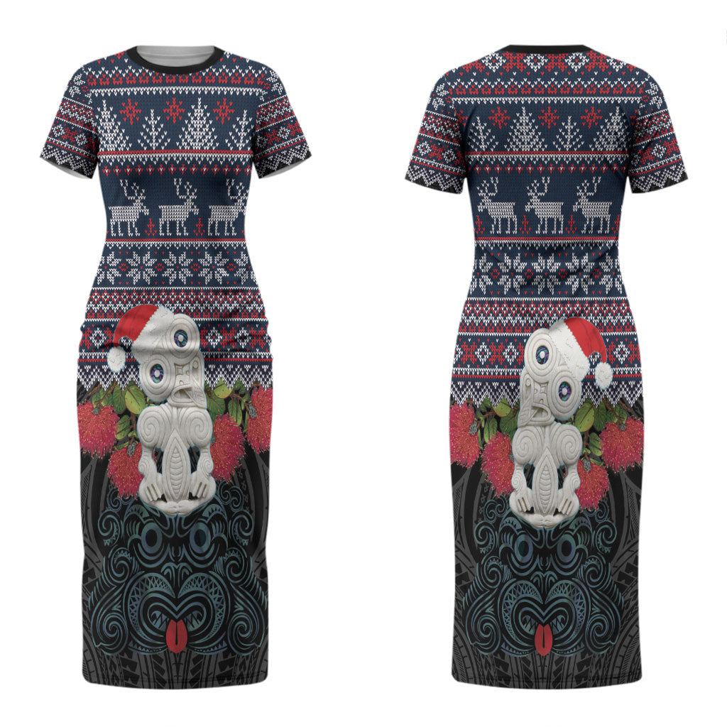 New Zealand Hei Tiki Christmas In July Couples Matching Short Sleeve Bodycon Dress and Hawaiian Shirt Pohutukawa Santa Xmas Polynesian Pattern LT22 - Polynesian Pride