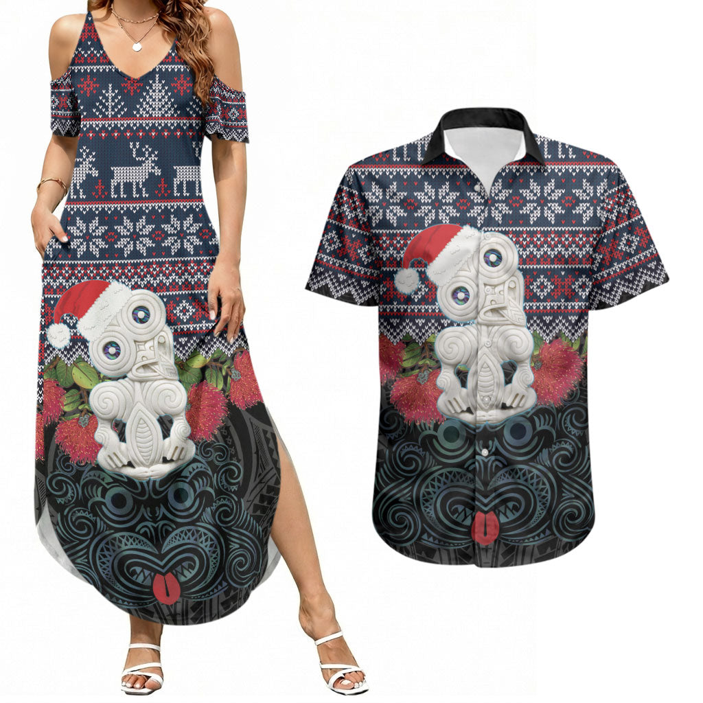New Zealand Hei Tiki Christmas In July Couples Matching Summer Maxi Dress and Hawaiian Shirt Pohutukawa Santa Xmas Polynesian Pattern LT22 Black - Polynesian Pride