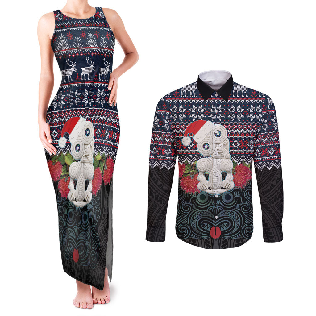 New Zealand Hei Tiki Christmas In July Couples Matching Tank Maxi Dress and Long Sleeve Button Shirt Pohutukawa Santa Xmas Polynesian Pattern