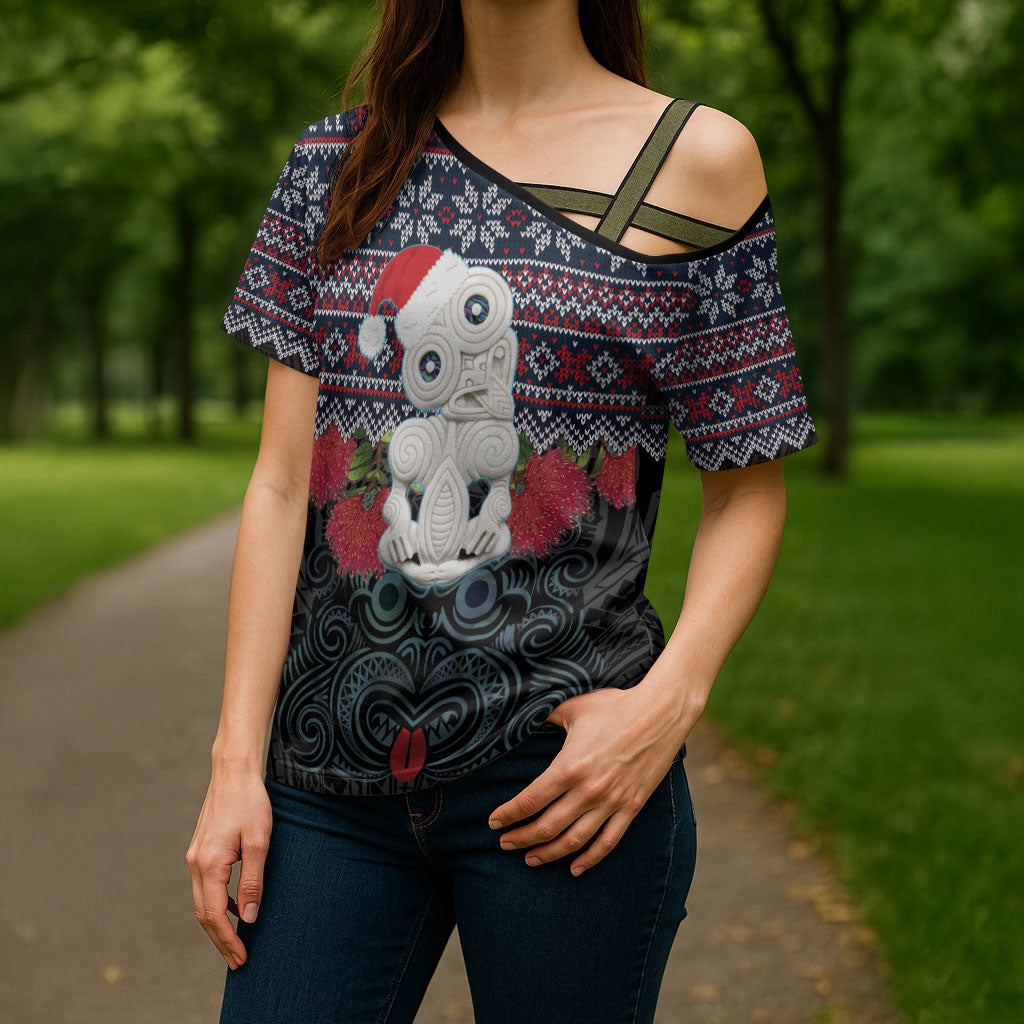 New Zealand Hei Tiki Christmas In July Cross Shoulder Shirt Pohutukawa Santa Xmas Polynesian Pattern