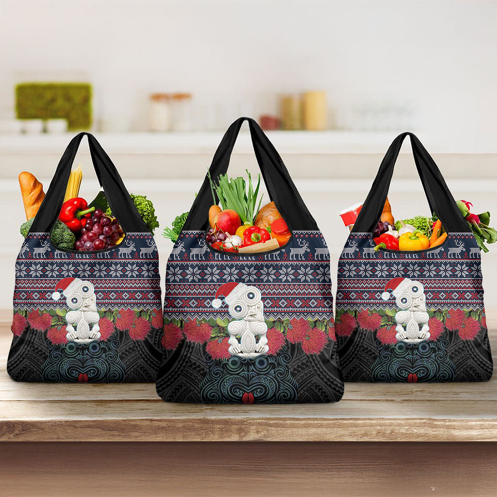 New Zealand Hei Tiki Christmas In July Grocery Bag Pohutukawa Santa Xmas Polynesian Pattern