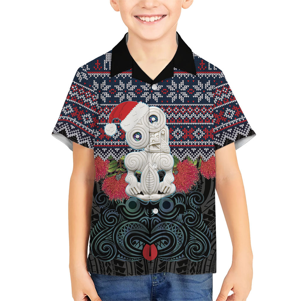 New Zealand Hei Tiki Christmas In July Kid Hawaiian Shirt Pohutukawa Santa Xmas Polynesian Pattern