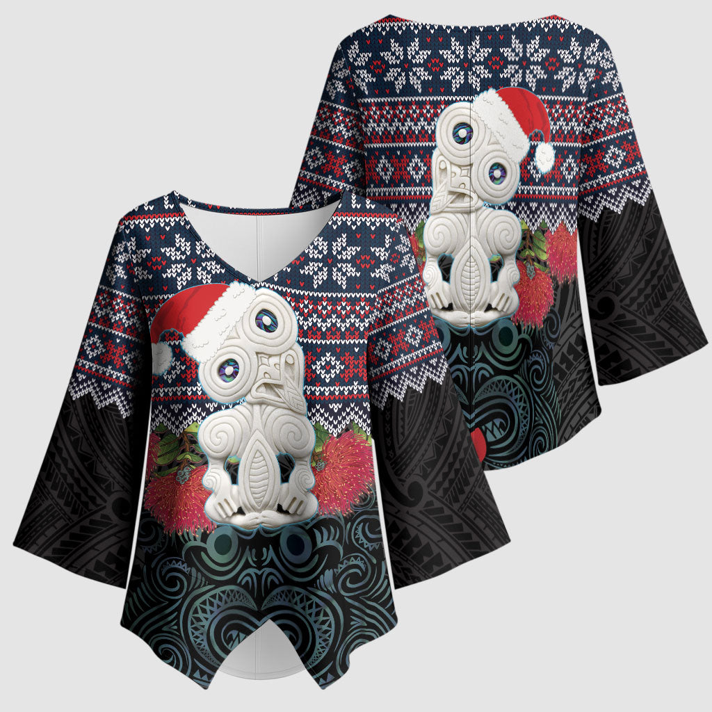 New Zealand Hei Tiki Christmas In July Kimono Sleeve Blouse Pohutukawa Santa Xmas Polynesian Pattern