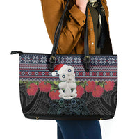New Zealand Hei Tiki Christmas In July Leather Tote Bag Pohutukawa Santa Xmas Polynesian Pattern