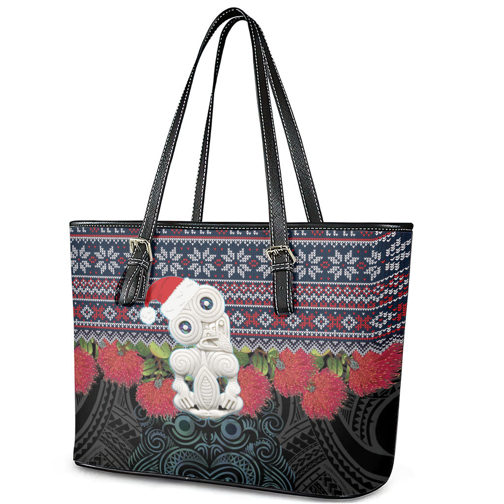 New Zealand Hei Tiki Christmas In July Leather Tote Bag Pohutukawa Santa Xmas Polynesian Pattern