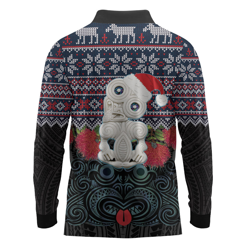 New Zealand Hei Tiki Christmas In July Long Sleeve Polo Shirt Pohutukawa Santa Xmas Polynesian Pattern