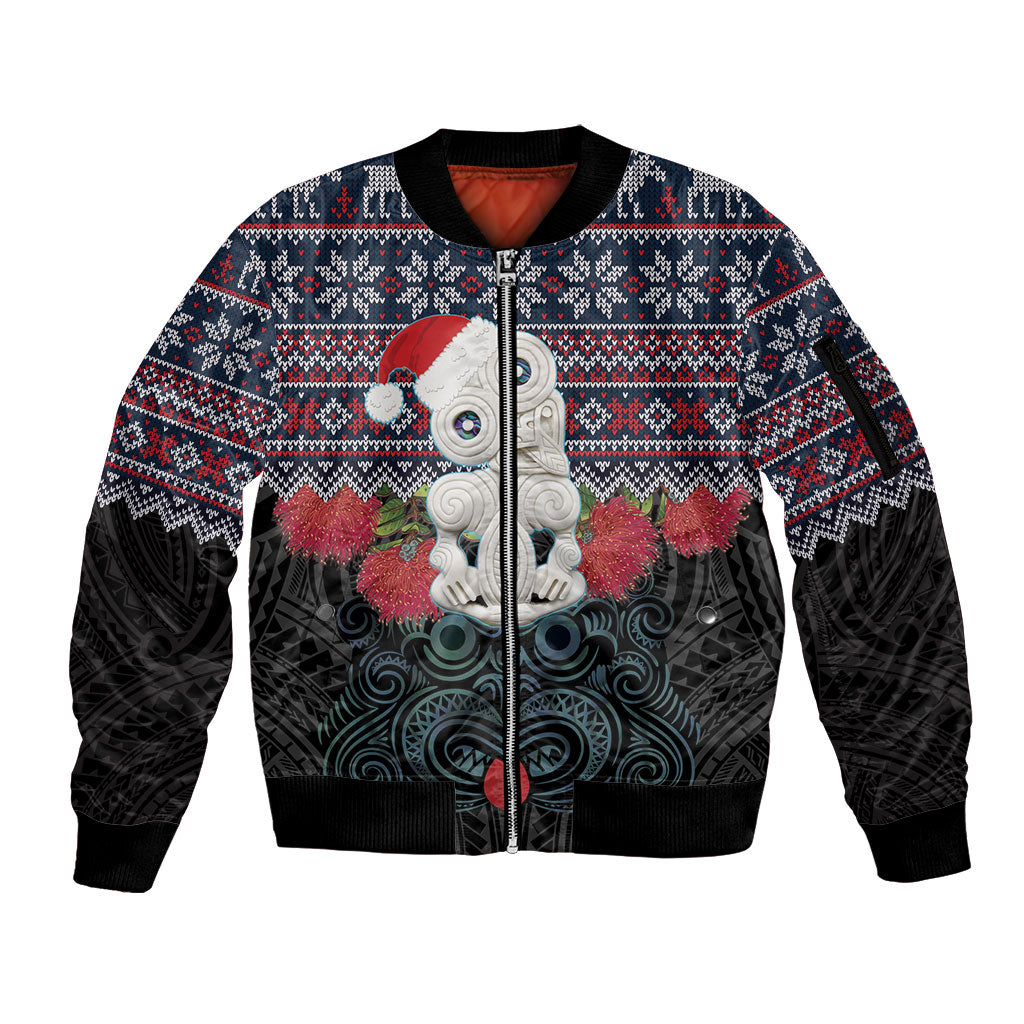 New Zealand Hei Tiki Christmas In July Sleeve Zip Bomber Jacket Pohutukawa Santa Xmas Polynesian Pattern
